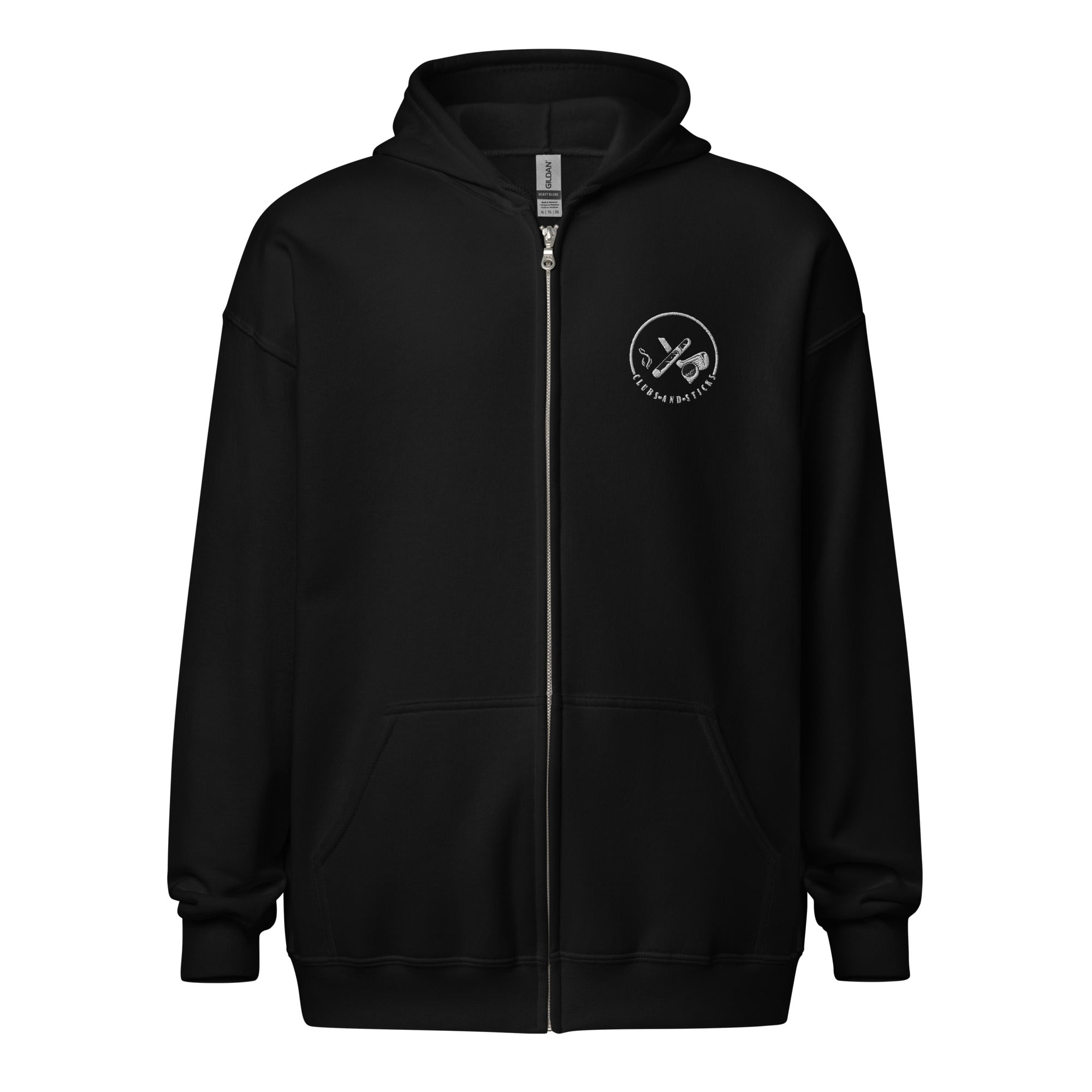 Clubs and Sticks heavy Blend Zip Embroidered Hoodie - White Logo