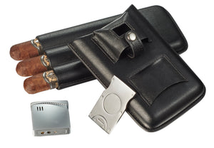 Renly Black Leather Cigar Case with Lighter and Cutter
