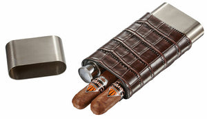 HACIENDA CROCODILE PATTERNED LEATHER AND STAINLESS STEEL CIGAR CASE FLASK COMBO
